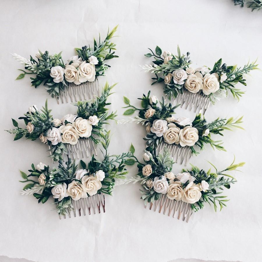 زفاف - White flowers hair comb, bridal floral cpmb, white and green clip, leafy comb, floral hair clip, white flowers hair clip, wedding comb