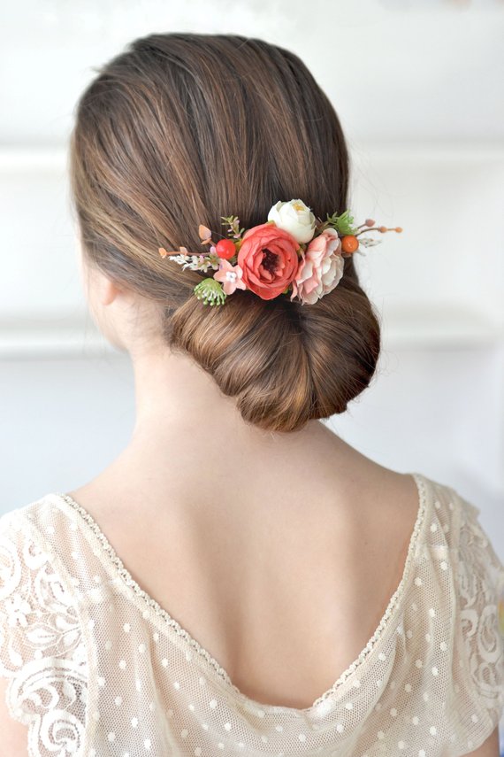 Wedding - Ivory coral flower comb Coral floral comb bridal country hair comb Rustic flower girl accessory Wedding coral head piece