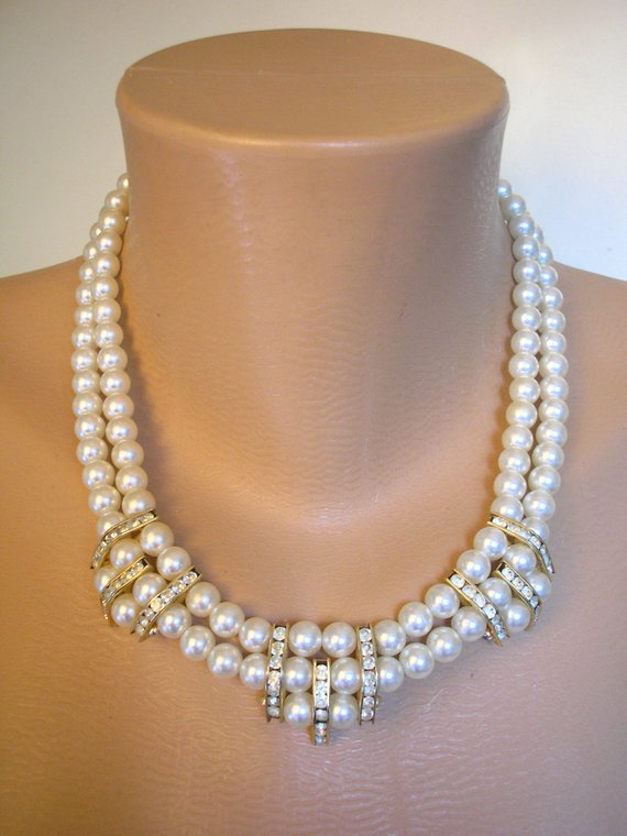 Свадьба - Vintage Ivory Pearl Choker, Bridal Pearls, 2 Strand, Ivory/White Pearls, Pearl And Rhinestone Choker, Ivory Pearl Necklace, Wedding Jewelry