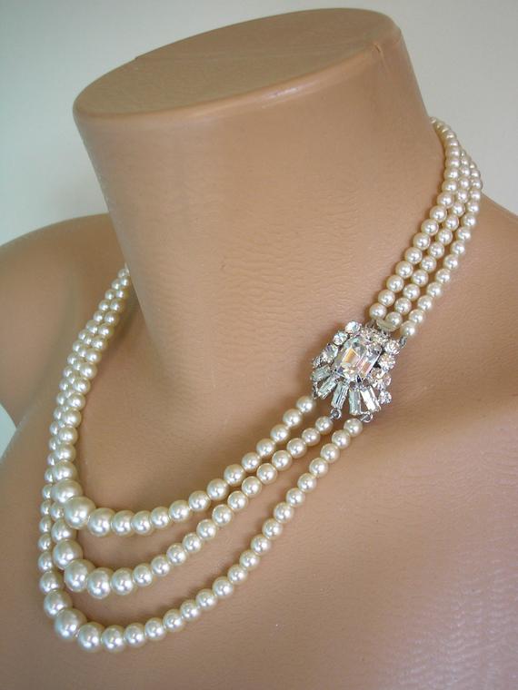 Mariage - Vintage Bridal Pearls, 3 Strand Cream Pearls, Great Gatsby Jewelry, Art Deco Style, Wedding Necklace, Statement Pearls, Mother Of The Bride
