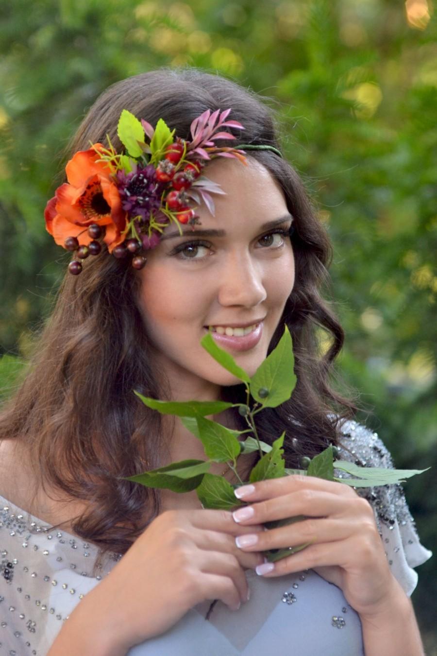 Wedding - Fall wedding crown Rosehip berries head piece Boho flower crown Bridal anemone woodland hair wreath Forest headband autumn bride