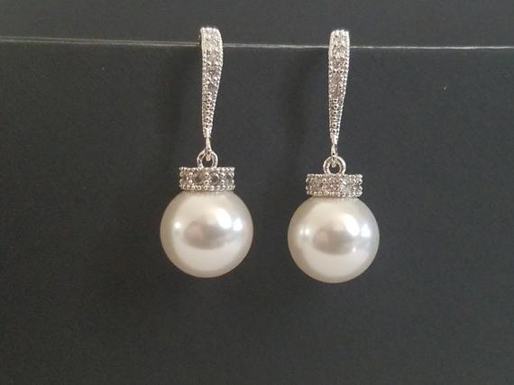 Mariage - Bridal Pearl Earrings, Wedding White Pearl Earrings, Swarovski 10mm Pearl Drop Silver Earrings, Bridal Pearl Jewelry, Classic Pearl Earrings