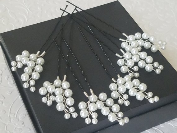 Свадьба - White Pearl Bridal Hair Pins, Set of 6 Pearl Hair Pins, Wedding Pearl Floral Hair Pins, White Pearl Headpieces, Pearl Bridal Hair Jewelry