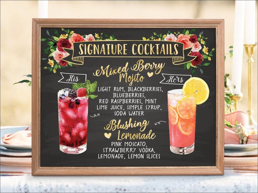 Wedding - Digital Printable Wedding Bar Menu Sign, Botanical Signature Drinks Cocktails Signs, Watercolor Drinks Chalkboard Christmas New Year IDM21