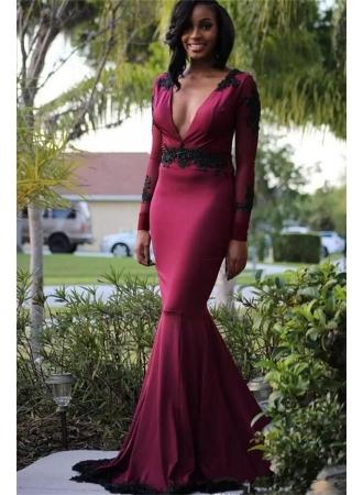 Mariage - Stunning Mermaid Deep V-Neck Long-Sleeves Evening Gown 