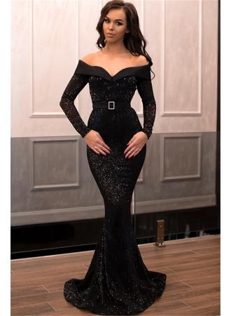 زفاف - Sexy Black Long-Sleeves Sequins Evening Dresses 