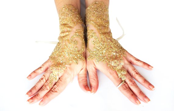 Wedding - Gold lace gloves, wedding lace gloves, bridal gold glove, french lace burlesque gloves, gold lace fingerless gloves, sequin glove, gauntlet