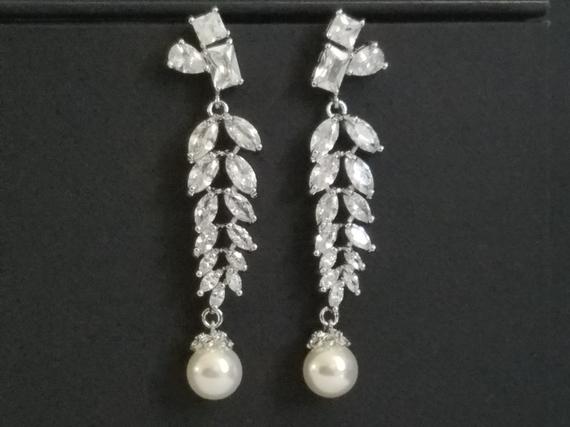 Wedding - Bridal Earrings, Wedding Earrings, Swarovski White Pearl Leaf Earrings, Pearl Chandelier Earrings, Pearl Bridal Jewelry, Statement Earrings