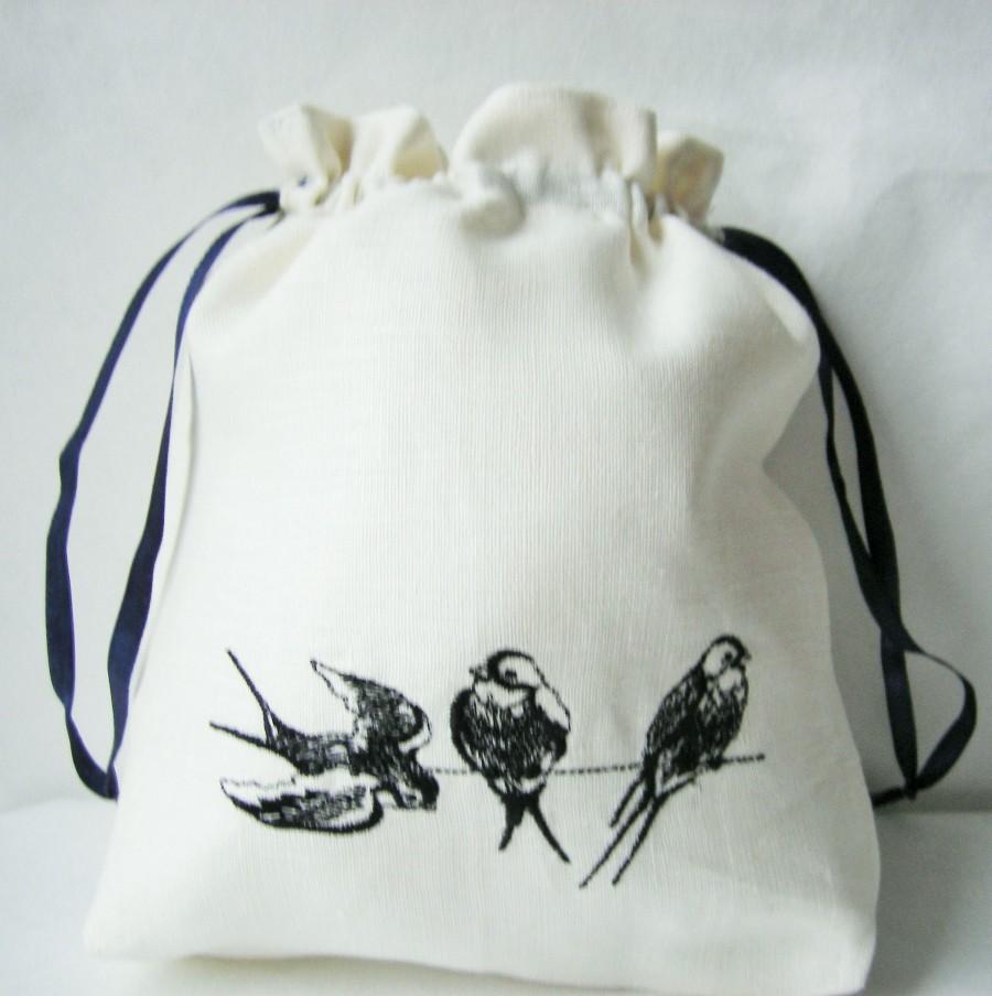 Wedding - Linen Girl Handbag, Embroidered Wedding Sachet, Small Handmade Swallow Bag, White, Rustic Party Bag