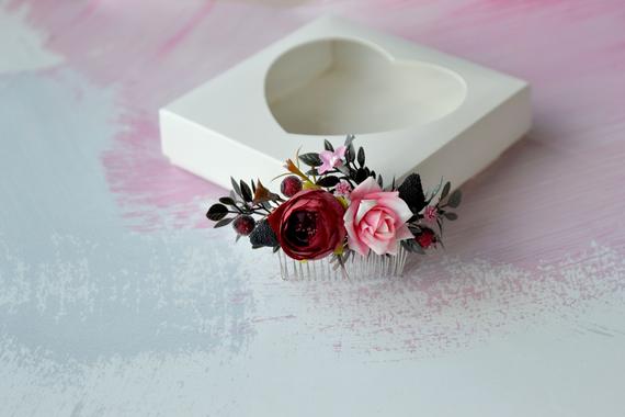 زفاف - Maroon flower comb Pink floral headpiece Wedding hair comb Burgundy flower accessories Bridesmaids hair piece wedding