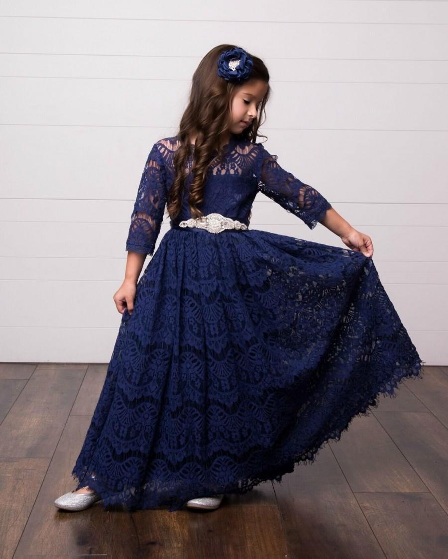 Mariage - Lace Flower girl dress, Navy blue Lace dress, Bohemian Flower girl dresses, wine rustic flower girl dress, country flower girl, baby dress