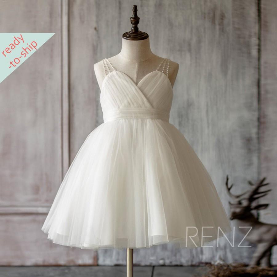 Hochzeit - Ready-to-Ship Flower Girl Dress Off White Tulle Junior Bridesmaid Dress Sweetheart Baby Dress Short A-Line Puffy Beaded Toddler Dress -FK315