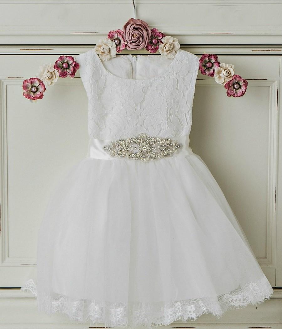 Mariage - Stunning White Lace Dress, Tulle flower girl dress, rustic flower girl dress,Girls dresses, girls fancy dress, flower girl lace dresses.