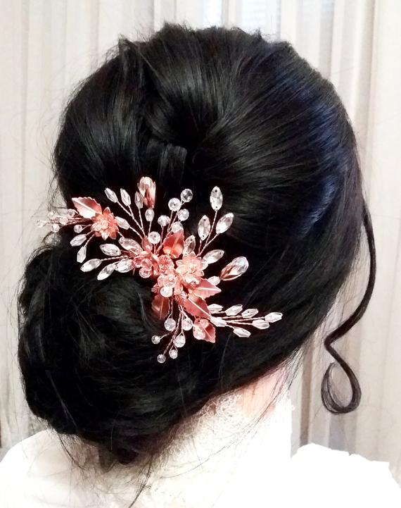 Wedding - Rose gold hair comb Bridal hairpiece, Wedding hair piece for Bride, Hair accessory Rhinestone hair comb Flower Hair Piece