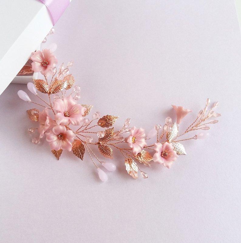 Wedding - Bridal rose gold hair vine with pink flowers, leaves and crystals, Flower Leaf Boho Headpiece Wedding hair piece, Floral hair comb Hairpiece