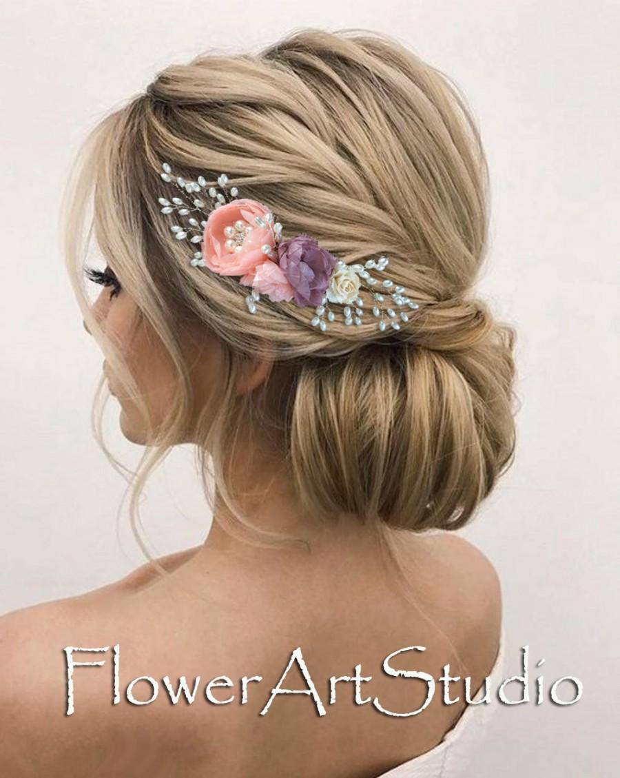 Hochzeit - Bridal Headpiece, Ivory, peach and dusty mauve flower comb, Ivory pearl & silk flower bridal comb, Bridal Hair Flower, Feminine flower comb