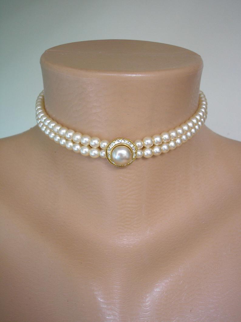 Wedding - Vintage Pearl Choker, Bridal Choker, Great Gatsby, Pearl Necklace, 2 Strand Pearls, Cream Pearls, Vintage Wedding, Art Deco, Edwardian Style