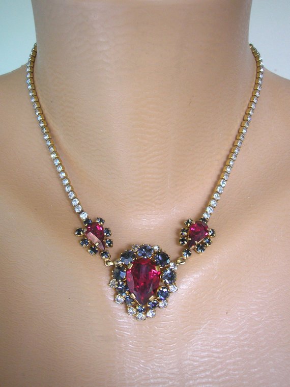 زفاف - Vintage Crystal Choker, Vintage Crystal Necklace, Red And Black Rhinestones, Vintage Diamante Choker, Sparkly Necklace, 1950s Jewelry, Deco