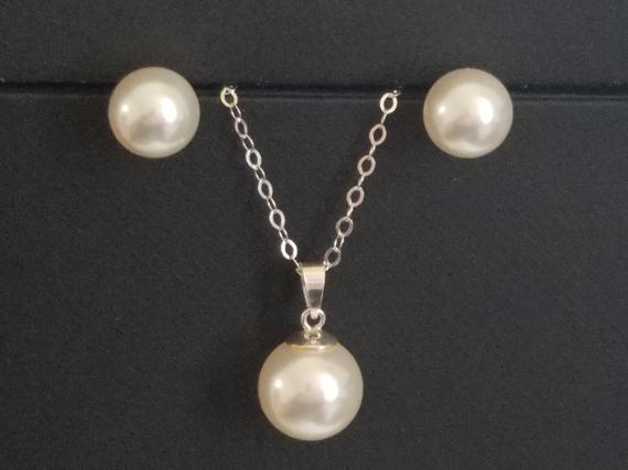 Hochzeit - White Pearl Bridal Jewelry Set, Swarovski Pearl Earrings&Necklace Set, Classic Pearl Jewelry Set, Pearl Sterling Silver Jewelry, Prom Set