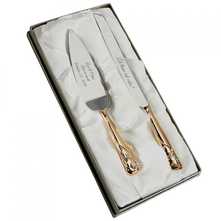 Wedding - Personalized For Free Wedding Cake Server Knife Set With Crystals Forever Gold Style Handles In Gold And Silver Tone Cake Knife Server Set