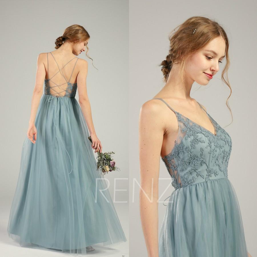 LS525 Prom Dress Dusty Blue Tulle Bridesmaid Dress Illusion Lace Boat Neck Cap Sleeves Wedding Dress Sweetheart Open Back A-line Pary Dress