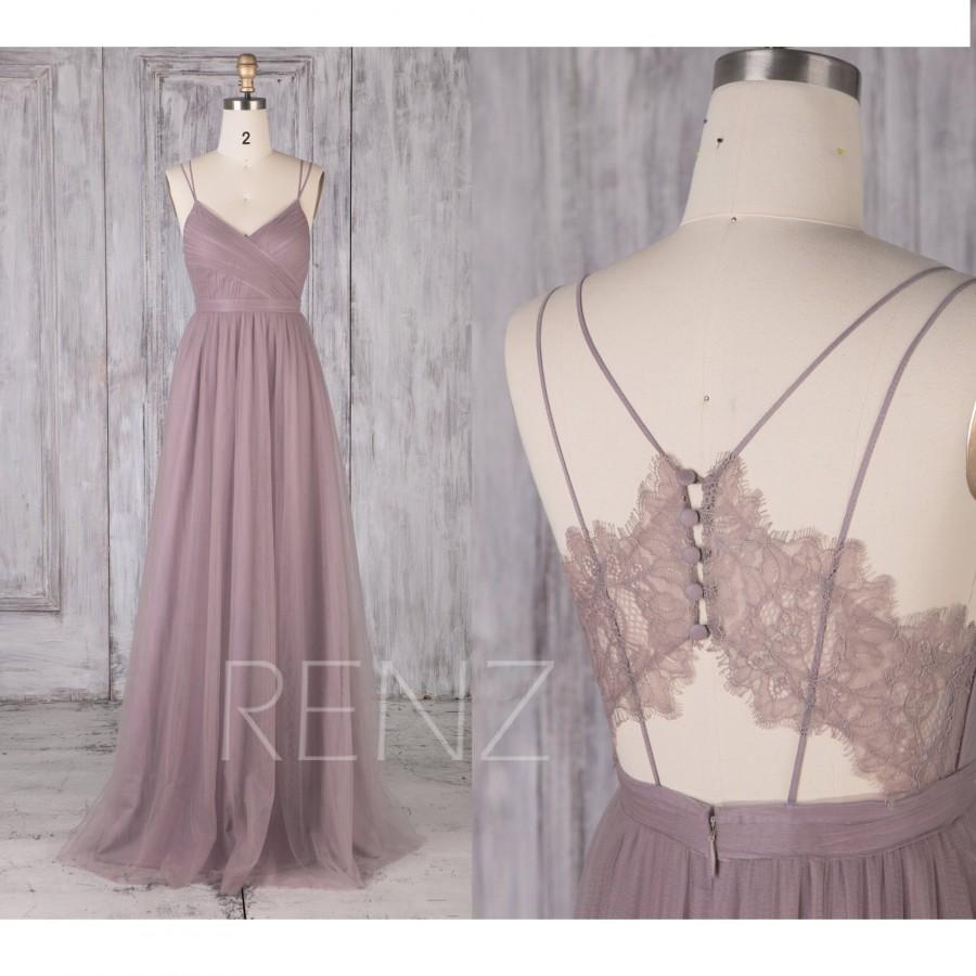 Mariage - Bridesmaid Dress Dark Mauve Tulle Dress,Wedding Dress,V Neck Maxi Dress,Illusion Lace Back Prom Dress,Spaghetti Strap Party Dress(LS483)