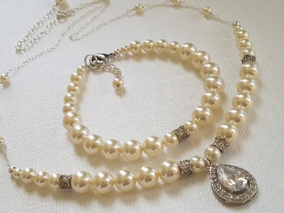 زفاف - Pearl Bridal Jewelry Set, Wedding Pearl Necklace&Bracelet Set, Ivory Pearl Jewelry Set, Wedding Bridal Pearl Set, Pearl Silver Bridal Set