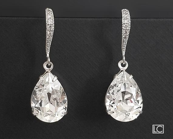 Wedding - CLEAR Crystal Wedding Earrings Swarovski Rhinestone Teardrop Earrings Bridal Earrings Bridesmaid Jewelry Crystal Cz Silver Dangle Earrings