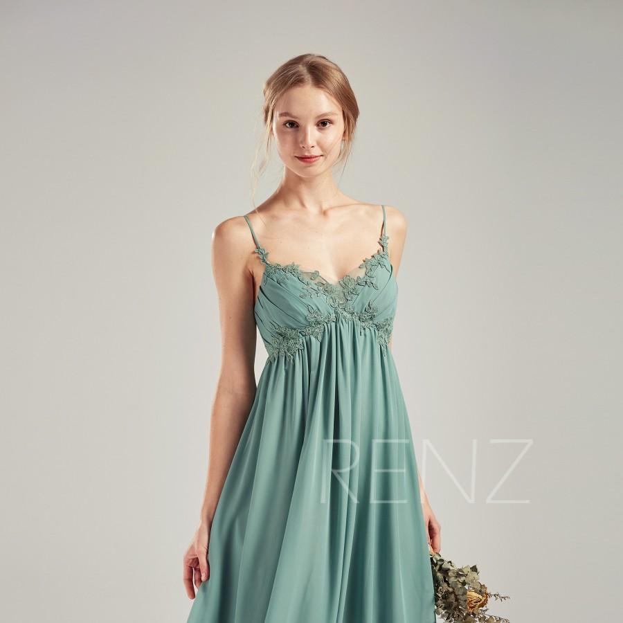 زفاف - Dusty Green Chiffon Bridesmaid Dress Wedding Dress V Neck Maxi Dress Spaghetti Strap Lace Prom Dress A-line Empire Waist Party Dress(L521)