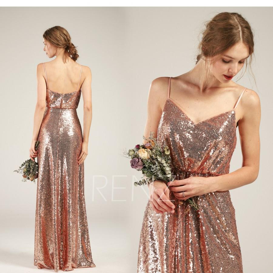 Wedding - Party Dress Rose Gold Sequin Dress A-line Prom Dress Spaghetti Strap Maxi Dress Low Back Bridesmaid Dress Ruched V Neck Evening Dress(HQ582)