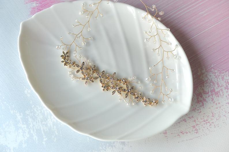 زفاف - Gold clear crystal Hair vine wedding crown Boho crystal tiara Bridal hair wreath crystals Bridal hair vine flowers