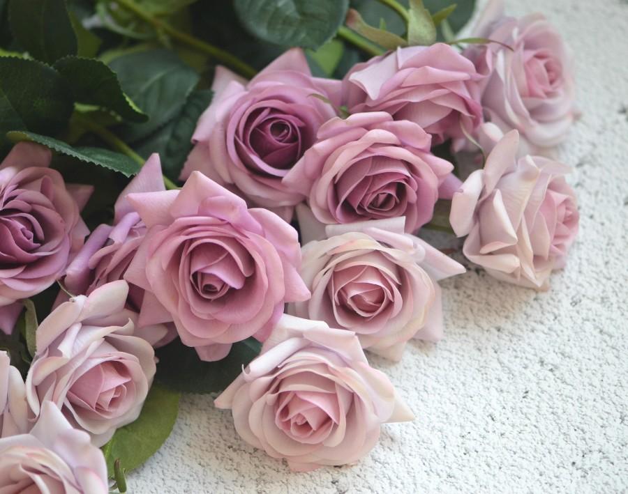Hochzeit - Purple Mauve Roses Real Touch Flowers Silk Roses DIY Wedding Flowers Silk Bridal Bouquets Wedding Centerpieces