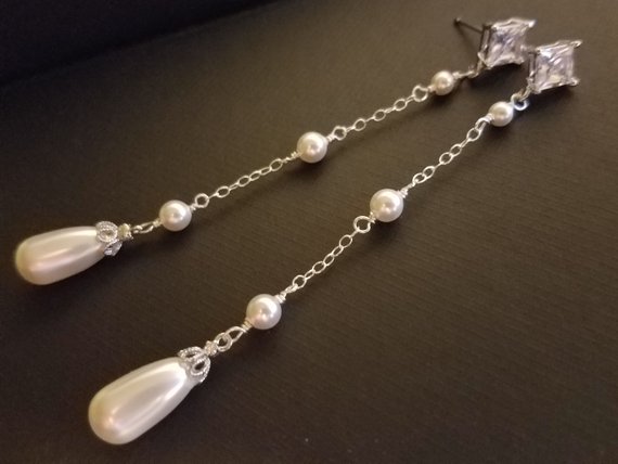 Hochzeit - Pearl Bridal Earrings, Wedding Earrings, Swarovski White Pearl Silver Earrings, Long Dangle Earrings, Teardrop Pearl Earrings Dainty Earring