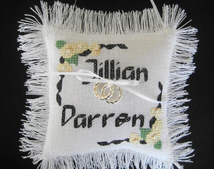 زفاف - Personalized Cross Stitch Ring Bearer Pillow, Hand Made, Personalized with Bride & Groom's Names and Wedding Date using Custom Bridal Colors