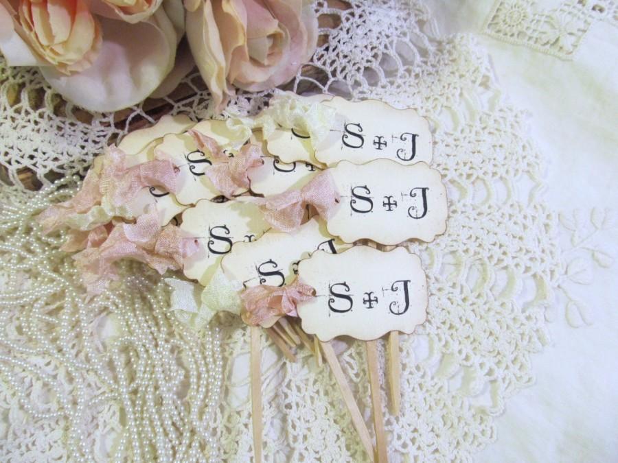 زفاف - Wedding Cupcake Toppers Party Picks - Ivory Linen or Parchment- Bride & Groom Initials -  Personalized - Set of 18 - Choose Ribbons - Rustic