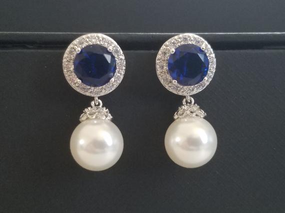 Свадьба - Pearl Bridal Earrings, White Navy Blue Wedding Earrings, Swarovski 10mm Pearl Drop Earrings, Pearl Bridal Jewelry, Pearl Navy Blue CZ Studs