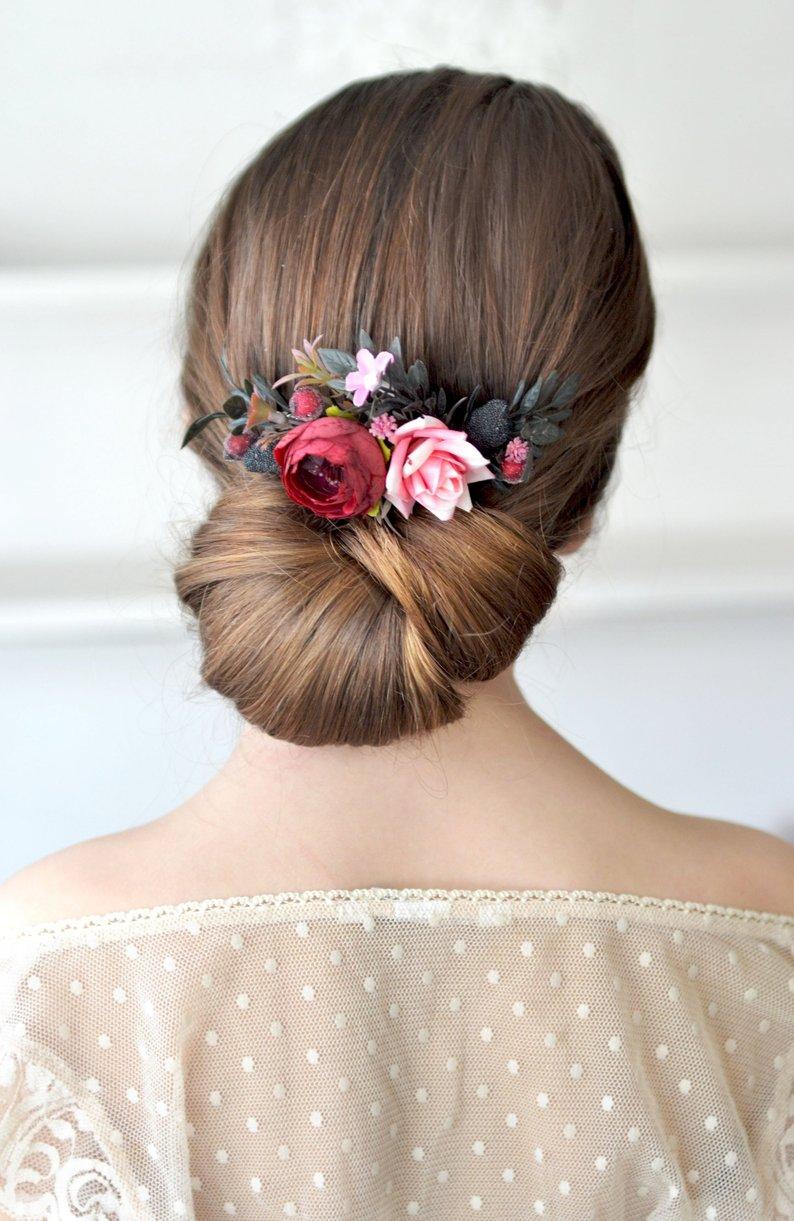 Wedding - Maroon flower comb Pink floral headpiece Wedding hair comb Burgundy flower accessories Bridesmaids hair piece wedding