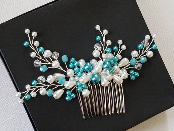 Wedding - Pearl Bridal Hair Comb, Blue Turquoise White Wedding Comb, Teal White Hairpiece, Pearl Bridal Headpiece, Pearl Hair Jewelry, Prom Hair Comb