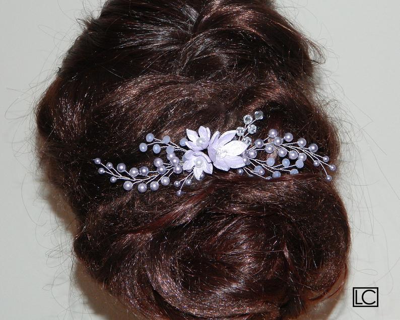 زفاف - Lavender Bridal Hair Comb, Swarovski Pearl Floral Hair Comb, Lilac Wedding Hair Piece, Lavender Headpiece, Violet Blossom Hair Jewelry