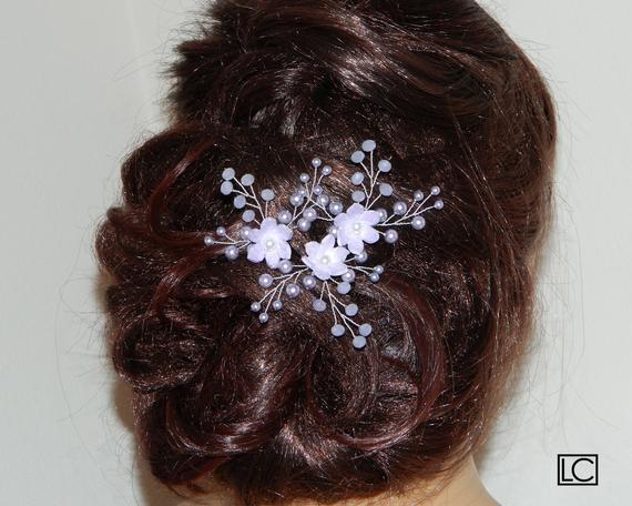 زفاف - Lavender Bridal Hair Pins, Swarovski Lavender Pearl Crystal Hair Pins, Set of 3 Wedding Lilac Floral Hair Pins, Violet Bridal Hair Jewelry