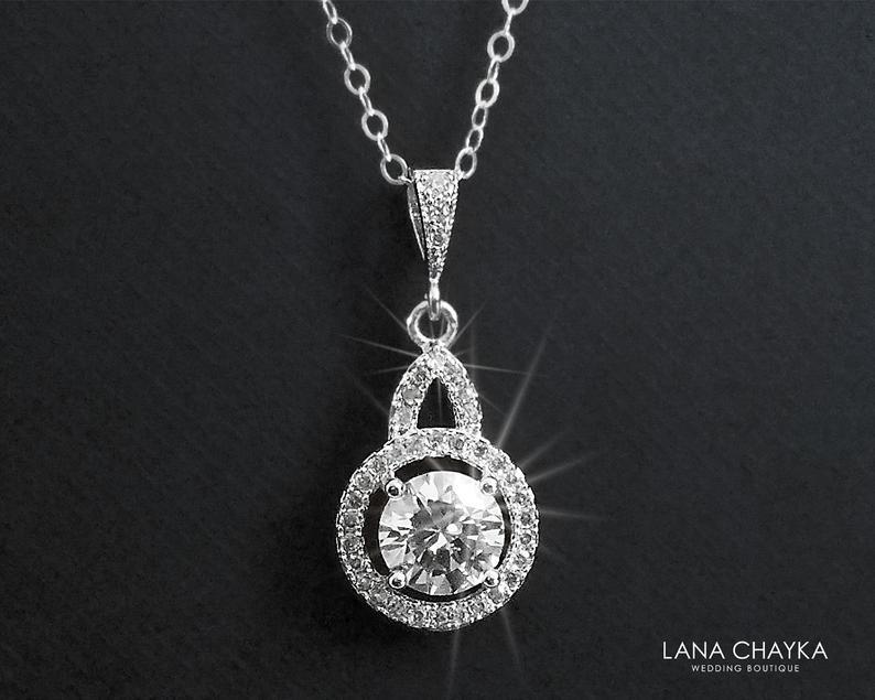 Wedding - Cubic Zirconia Bridal Necklace, Crystal Silver Necklace, Crystal Halo Necklace, Bridal Bridesmaid Crystal Jewelry, Clear CZ Silver Pendant