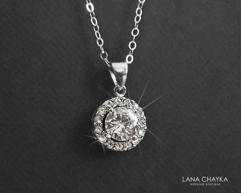 Hochzeit - Cubic Zirconia Bridal Necklace, Dainty CZ Wedding Necklace, Crystal Charm Necklace, Bridal Cubic Zirconia Jewelry CZ Sterling Silver Pendant