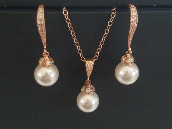 Hochzeit - Rose Gold Bridal Jewelry Set, White Pearl Necklace&Earrings Set, Swarovski 8mm Pearl Rose Gold Set Pearl Drop Bridal Set Wedding Jewelry Set