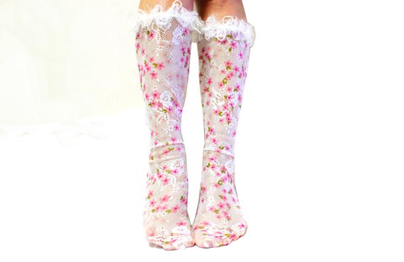Свадьба - Unique Gifts for Her Long Lace Socks Wedding Socks Bridal Socks Fashion Socks Sexy Pink Flower White Tulle Socks Mesh Socks Valentines Gifts