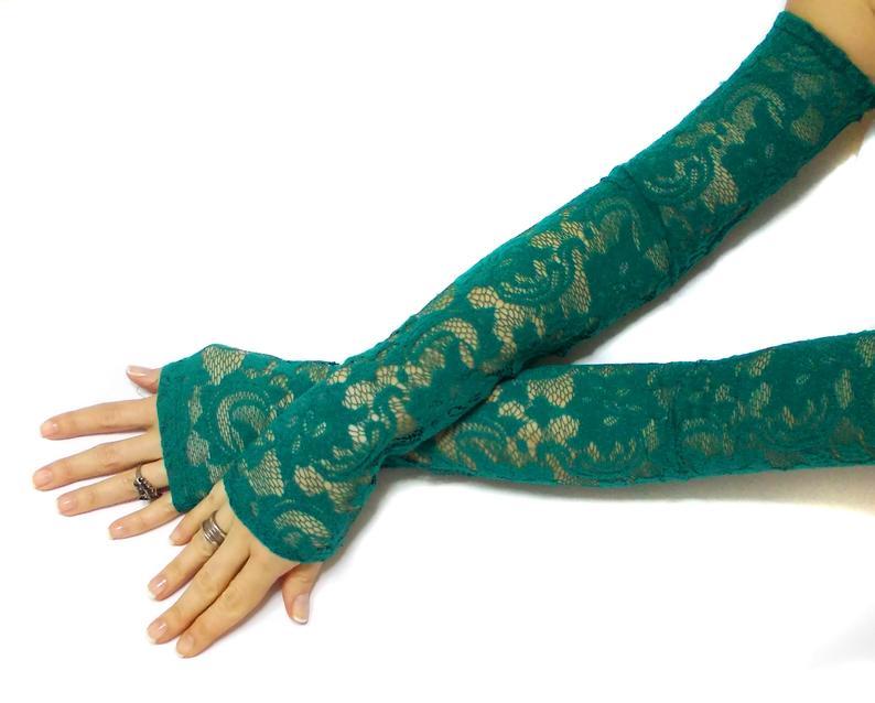Wedding - Extra long lace green gloves, belly dance costume gloves, party gloves, lace fingerless gloves, fantasy gloves, boho bride, green wedding