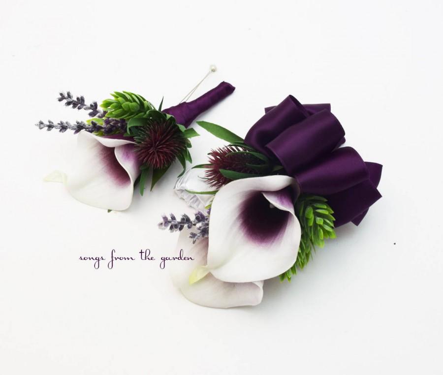 Wedding - Picasso Calla and Thistle Boutonniere or Corsage - Hops and Lavender Accents Groom Groomsmen Boutonnieres - Wedding Prom Homecoming Corsage