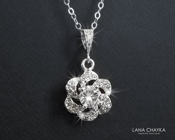 Свадьба - Cubic Zirconia Bridal Necklace Crystal Silver Necklace Wedding CZ Floral Charm Necklace Bridal Crystal Jewelry Clear Cubic Zirconia Pendant