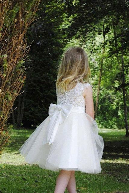 Hochzeit - Beaded Lace Flower Girl Dress with Big Bow M0071B