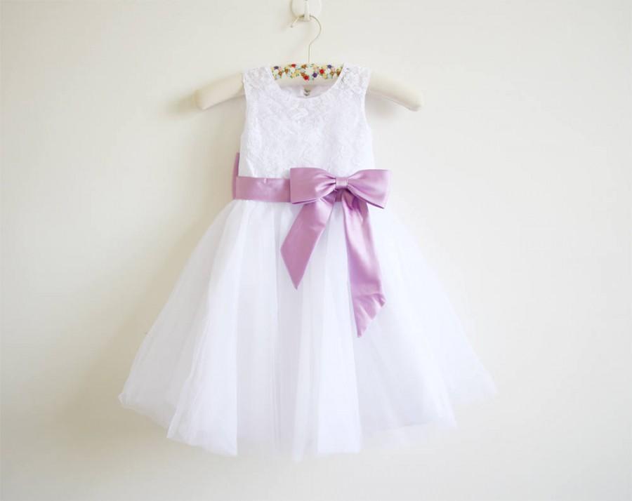 Hochzeit - White Flower Girl Dress Lace Lilac Baby Girls Dress Tulle White Flower Girl Dress With Lilac Sash/Bows Sleeveless