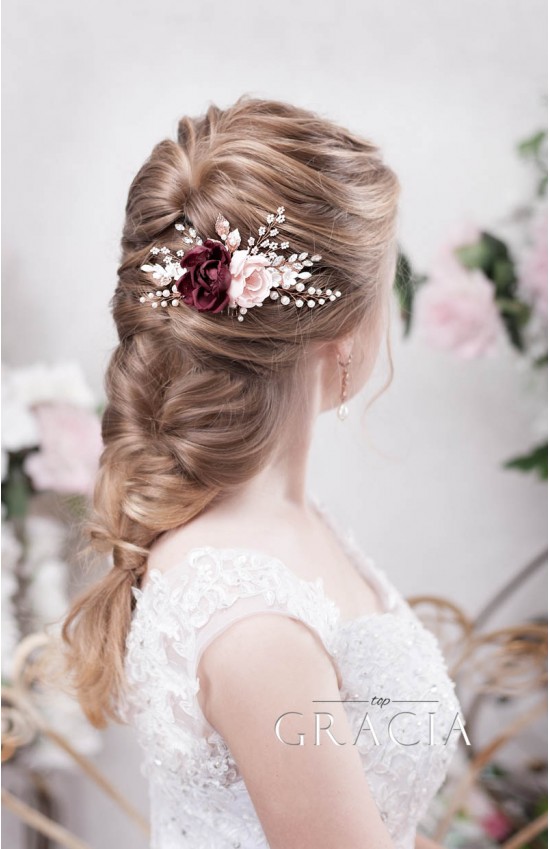 زفاف - XENIA - Blush Pink Burgundy Rose Flower Comb for Exquisite Brides by TopGracia
